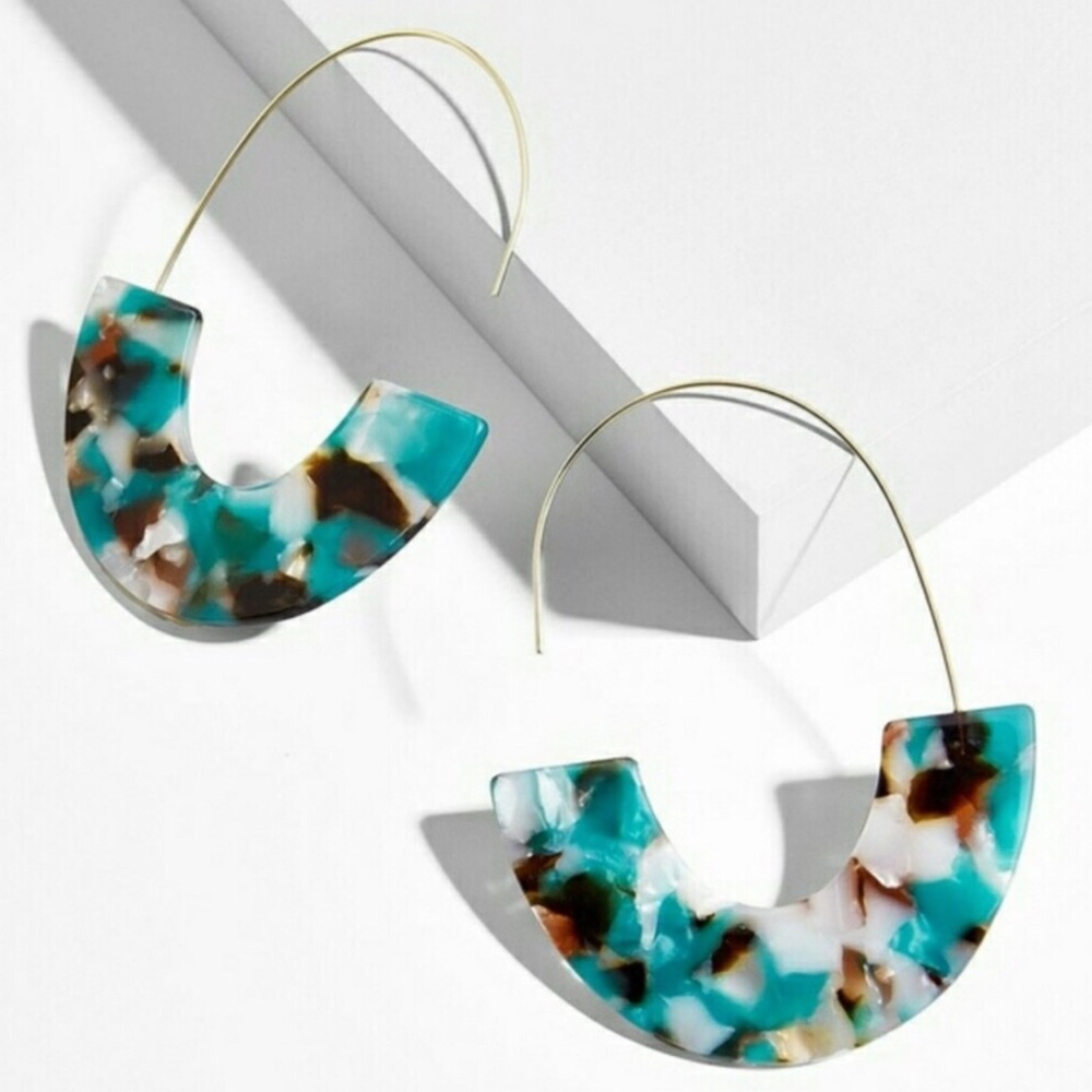 Acrylic Blue Tortoise Resin Drop Semi Hoop Earring